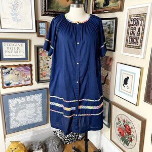 70s Vintage Smart Time Dark Blue Snap Front House Coat with Rainbow Detail XL